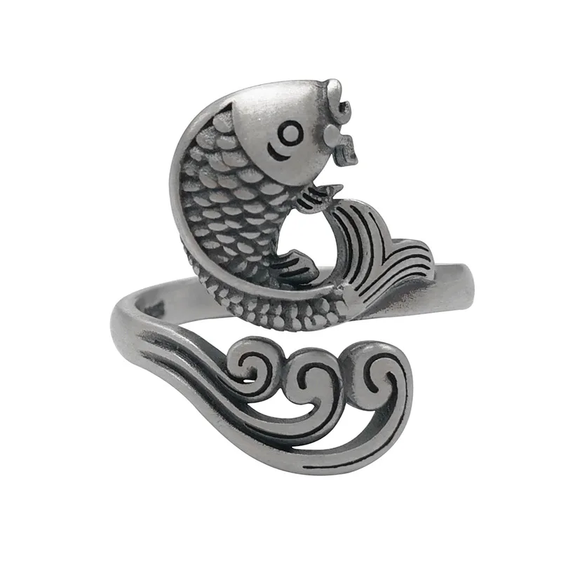 

S925 Sterling Silver Vintage Ring for Men and Women's Fashion Opening Koi Fish Ring Silver Ornament Ring Hiphop