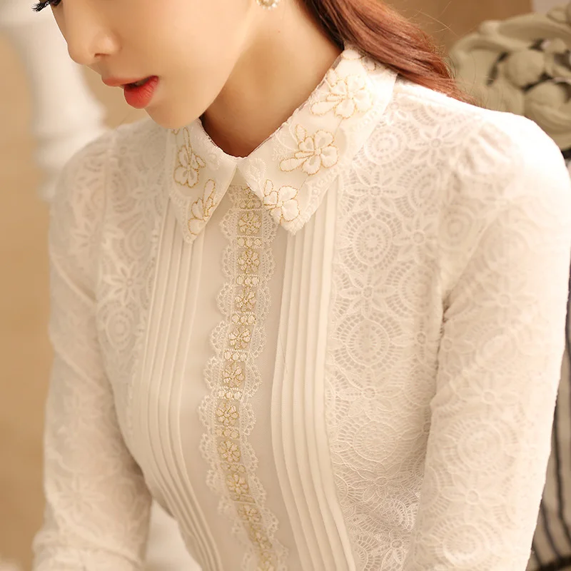 

YUBAOBEI Floral Cotton White Blouse Vintage Hollow Out Female Office Ladies Tops Casual Lace Long Sleeve Blouse Shirts
