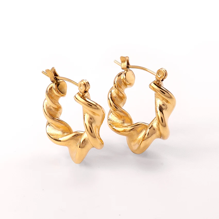 

New Fashion Jewelry Stainless Steel Waterproof Geometric Twist Earrings 18K Gold Hypoallergenic Oval Twisted Hoop Earrings