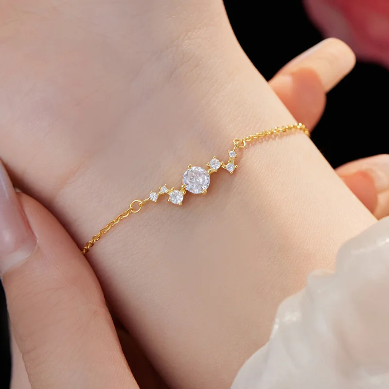 Simple Style Dainty 18k Gold Zircon Charm Fine 925 Sterling Silver Jewelry Bracelet Women