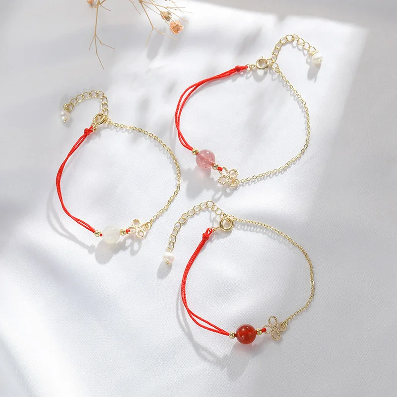 

Wholesale Fashion Strawberry Crystal Chinese Knot Bracelet Mismatched Link Chain Red Rope Bracelet For Women Gifts