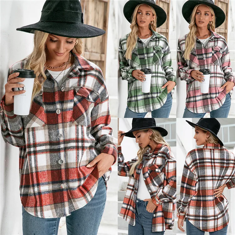 

LvCong Wholesale custom logo fall 2021 women jackets casual loose single breasted furry plaid jacket