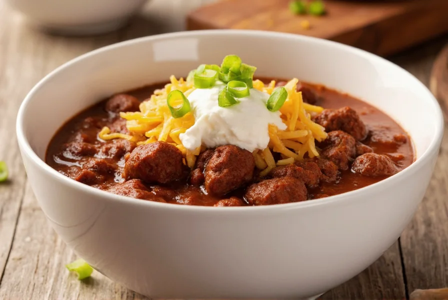 Beef chili with cocoa powder served in a white bowl with toppings of sour cream, shredded cheese, and green onions
