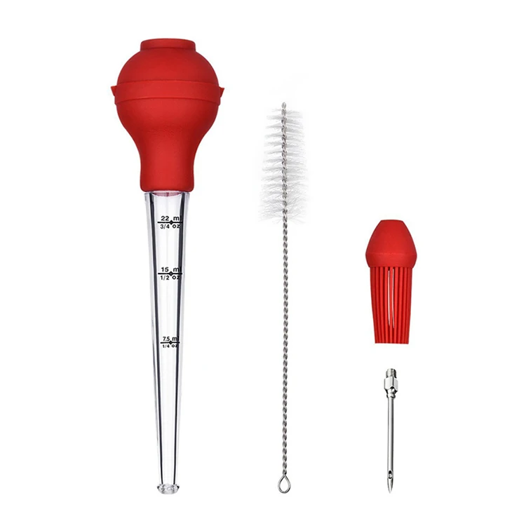 

AA593 22ML Turkey Baster Silicone Flavour Syringe Tube Drip Oil Seasoning Tube with Cleaning Brush Turkey Seasoning Pump, Red