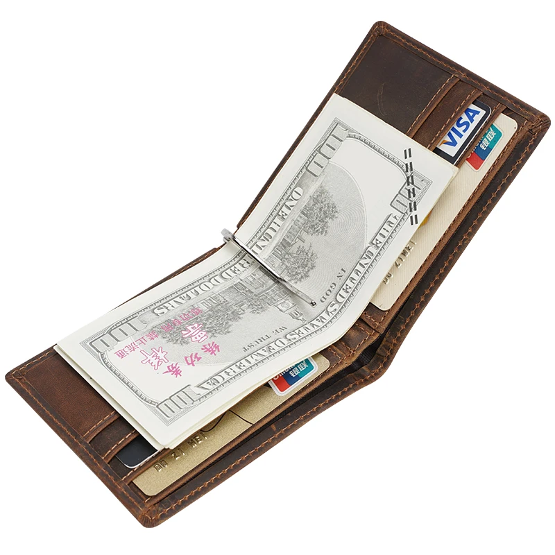 

Free Sample Custom Logo Vintage Slim Billfold Ultra Thin Crazy Horse Genuine Leather Clip Wallet
