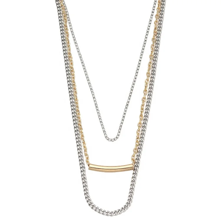 

Dina Wholesale European Summer Double-Color Multi Layer Long Necklace With Copper Tube Pendant, Gold/silver