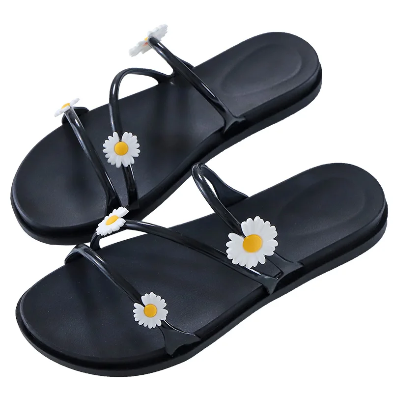 

New women's summer flat shoes--Women's sandals with daisies, Black, pink, green, orange