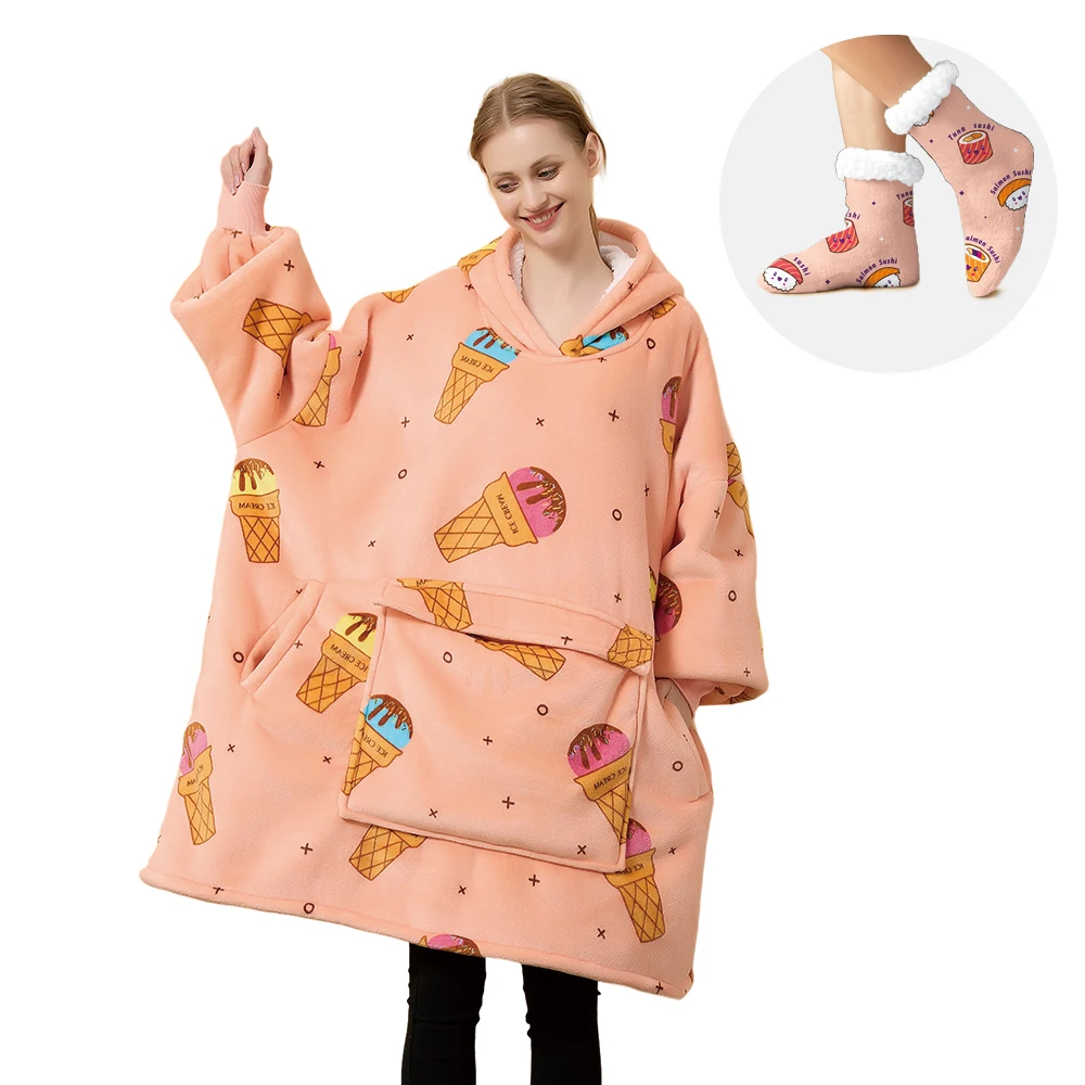 

Factory Hot Sell Oversized Hoodie Blanket With Socks For Women Plus Size Wearable Blanket Hoodie Sherpa Fleece Socks