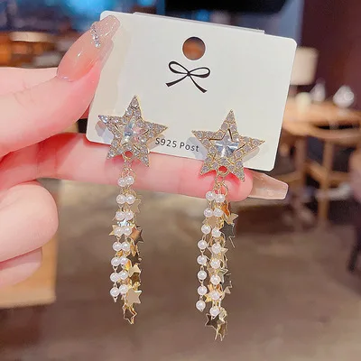 

New Arrival Micro Pave Rhinestone Star Baroque Pearl Tassel Earrings 925 Needle Crystal Star Dangle Earrings For Girls Party