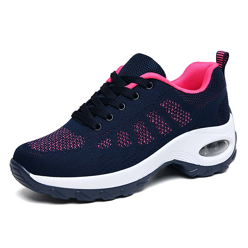 

Wholesale Big Size Knit Upper Air Cushion Women Running Walking Shoes Sneakers, Black, white, blue