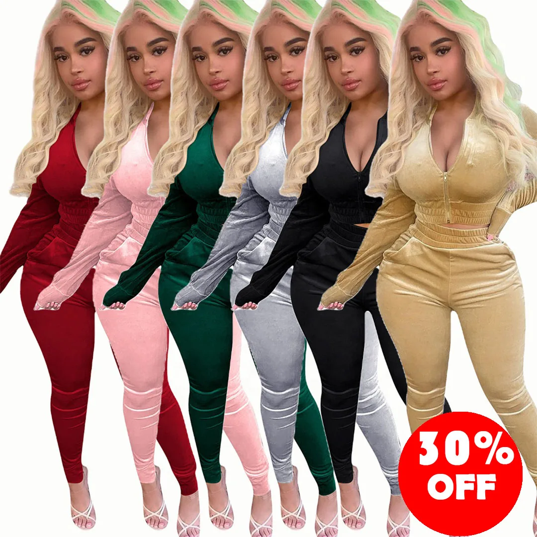 

Hot style Sexy Velvet Zippered Sports Casual Suit women fall dress sets womens clothing two piece fashion outfits jogger, As picture