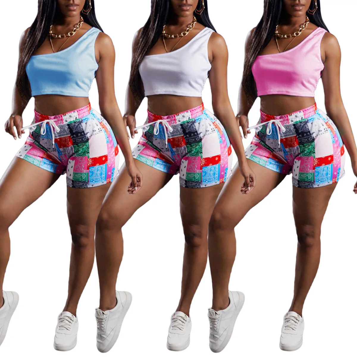 

2021 Ladies Sexy Sleeveless Bandana Print One Shoulder Tank Tops Athletic Shirt Cute Crop Top Shirt ladies track suits 2 piece, Optional
