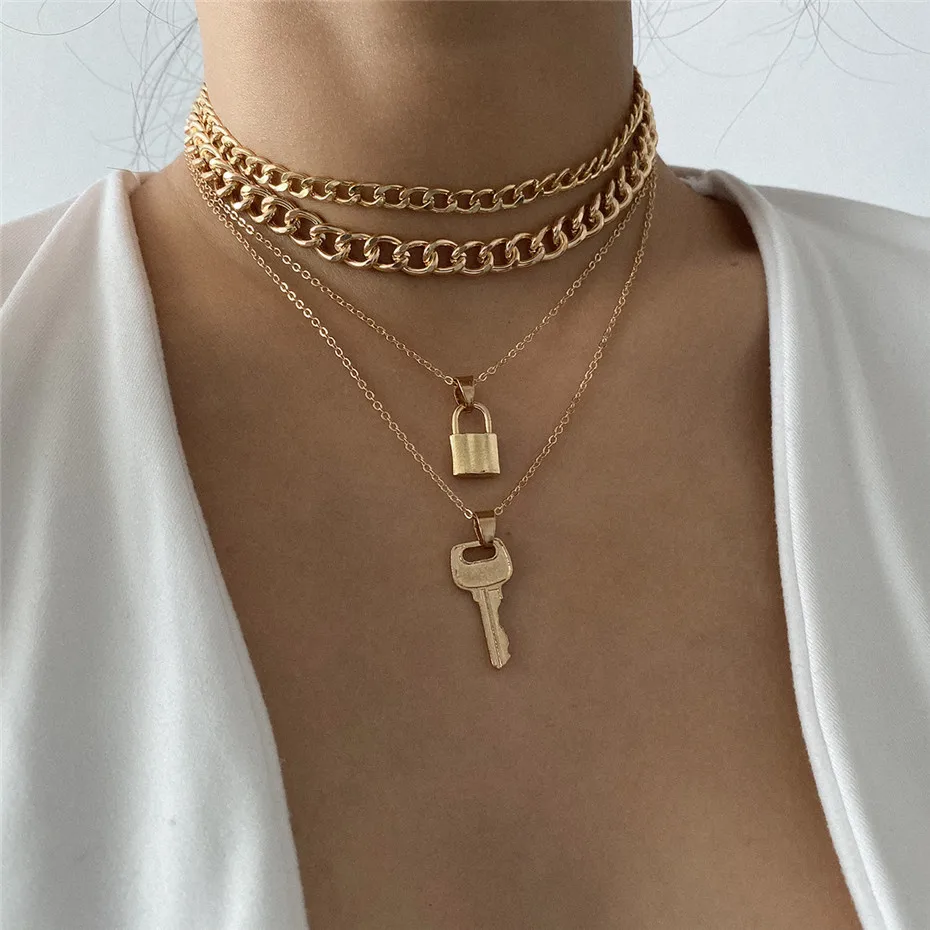 

Rock Big Chunky Chain Lover Lock Pendant Chokers For Women Steampunk Couple Jewelry Necklace Hip Hop Padlock Key Chain Necklace