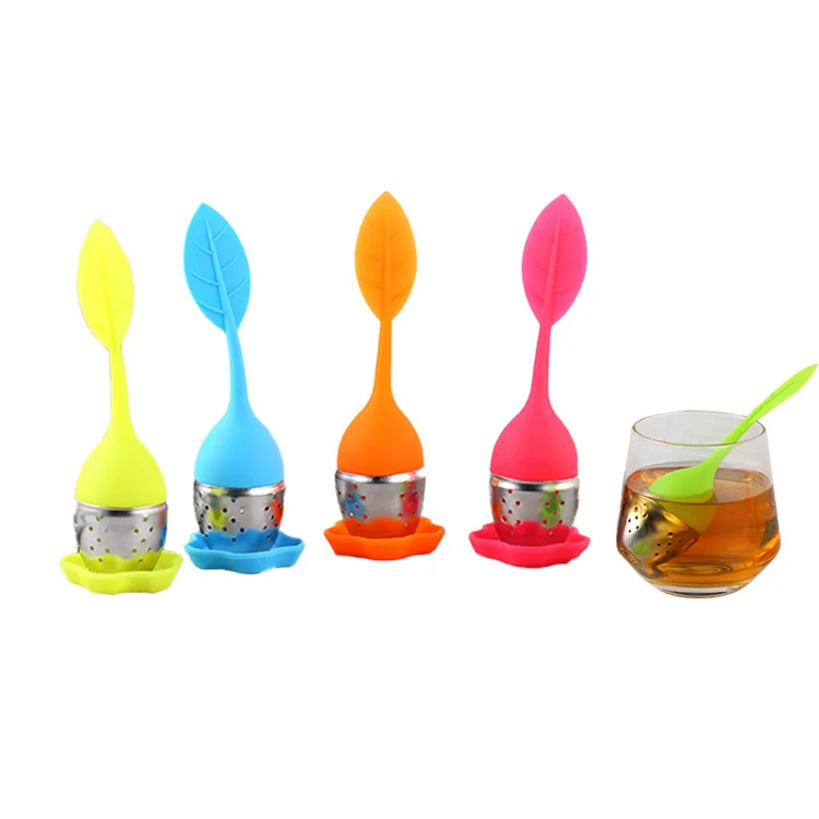 

Hot sale new Practical Tools Leaf Shape Silicone ith Drip Tray Stainless Steel Tea Infuser Strainer