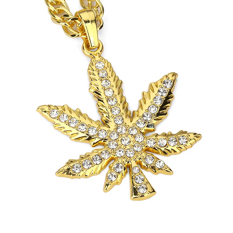 

Hiphop Iced Out Jewelry GOLD Chains Bling Jewelry Weed Leaf Pendant Leaves Necklace, Gold ,silver