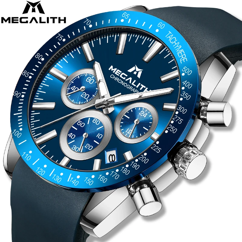 

Montre Homme MEGALITH Brand Steel Case Men Wristwatch Chronograph Luminous Luxury Stop watch Rubber Band Quartz Watch