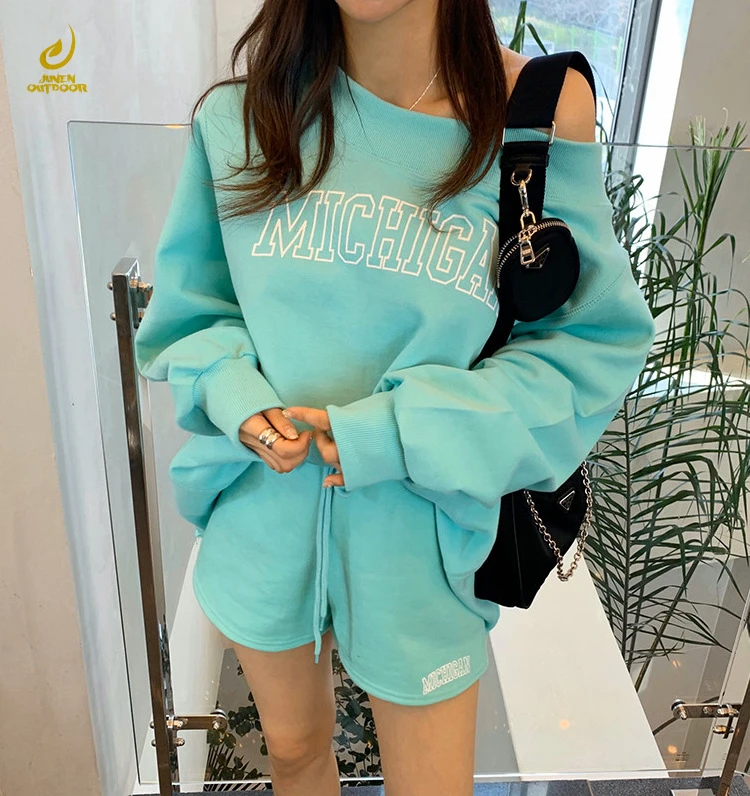 

plain solid color custom casual printed breathable crop top dropped shoulder design women tracksuit Sweatsuit, Customized color