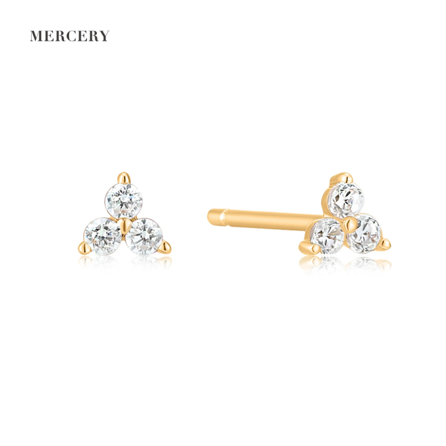 

Mercery Exquisite Design Solid 14K Yellow Gold Stud Women Three Diamond Stud Earrings Glamorous Jewelry