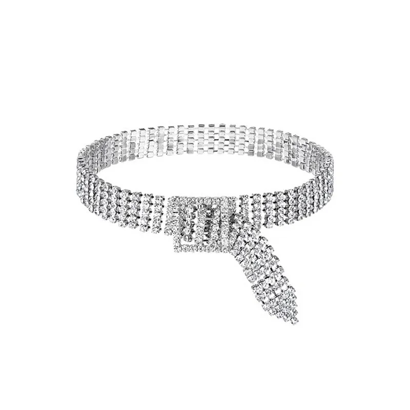 

JUHU New diamond-studded alloy necklace full water drill belt buckle shape clavicle chain punk alloy jewelry wholesale, Silver