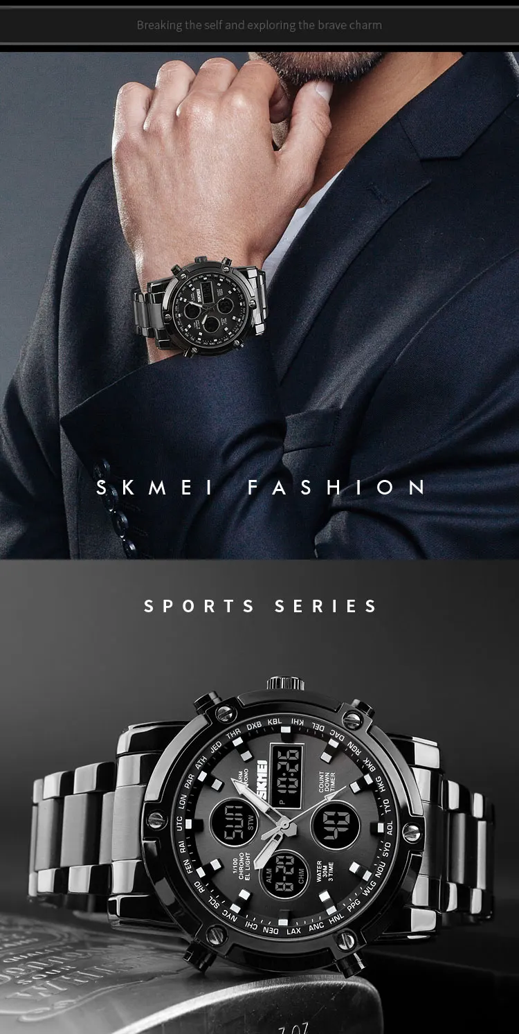 SKMEI 1389 Luxury Silver Gents Timepiece Dual Display Stainless Steel Band Calendar Multi Function Concise Casual Reloj Watch