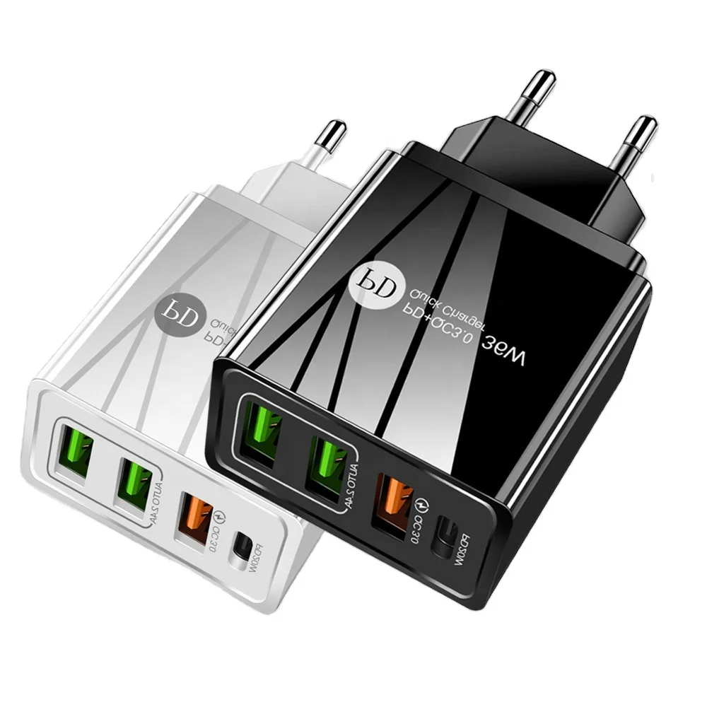 

Mobile Charger 4 USB Port PD And Quick Charge 3.0 36W USB Wall Charger Fast, Black/ white