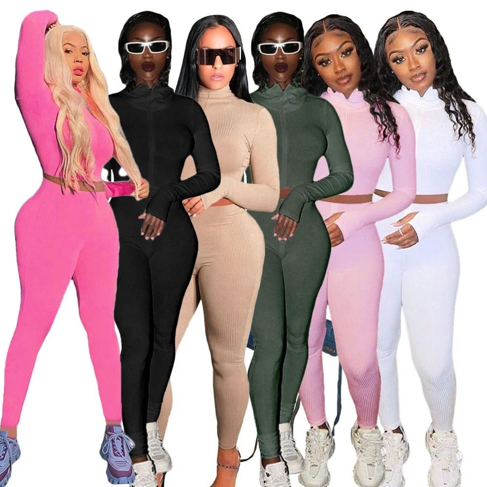 

Fashionable Zipper Solid Color Sportswear Crop Top Casual Cotton Long Sleeve Short Sets Women Two Piece of Autumn