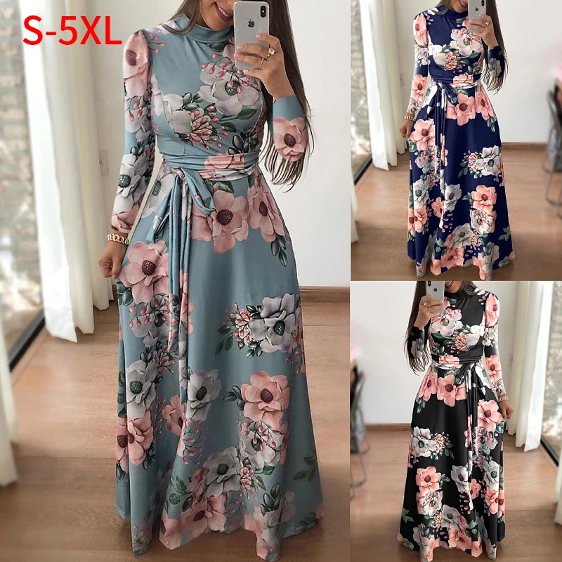 

Oversize Casual Women Summer Dress Print Robe Femme Vestidos Plus Size Streetwear Long Sleeve Long Maxi Dress, Black,blue