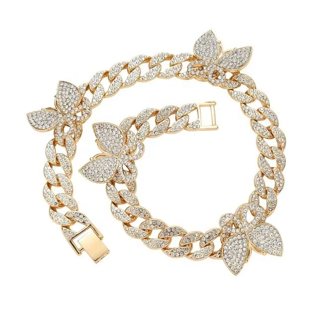 

2021 Hot sale Luxury women iced out jewelry diamond cuban link chain glass crystal gold butterfly necklace, Picture