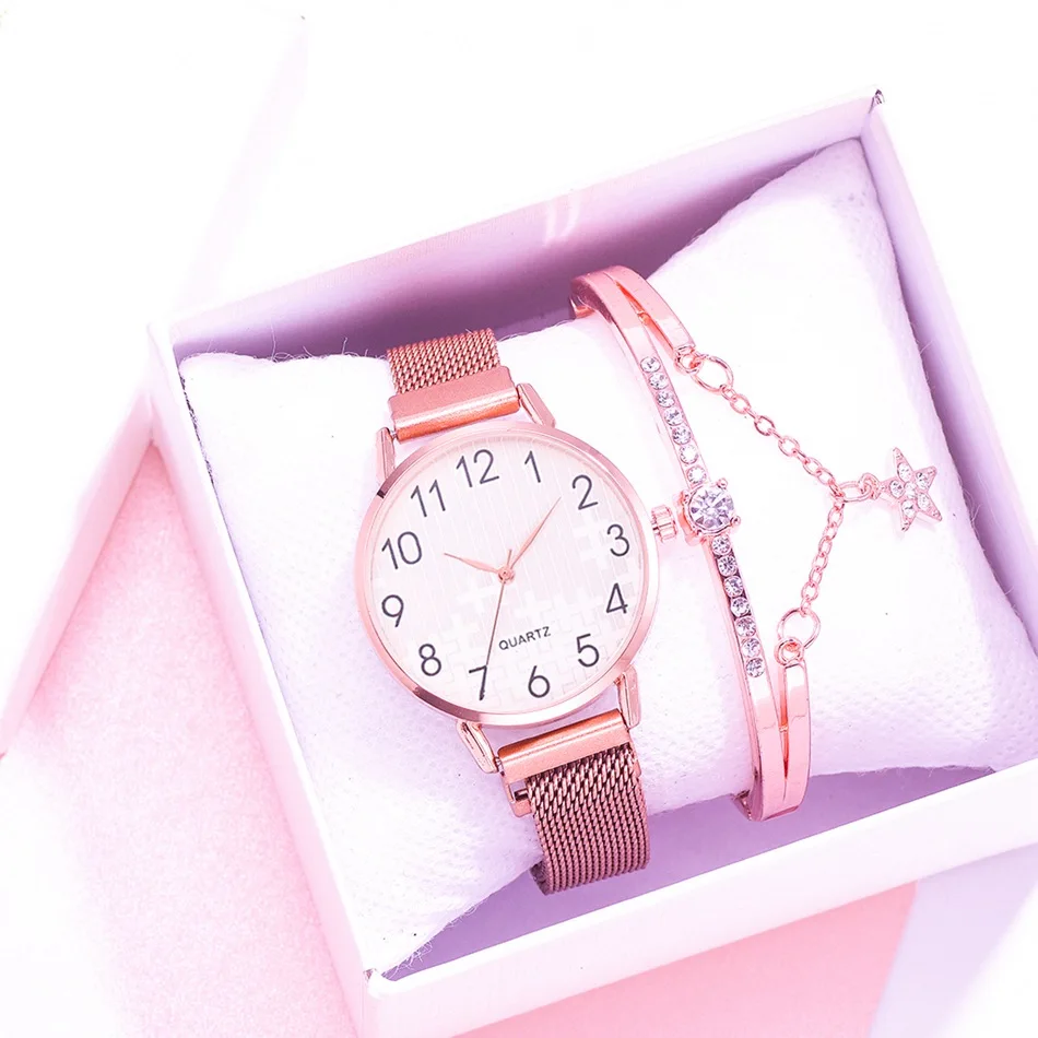

Top 2pcs Set Women Watches Bracelet Set Magnetic Mesh Band Magnet Gold Wristwatches Ladies Female Arabic Numerals Quartz Watch, As show