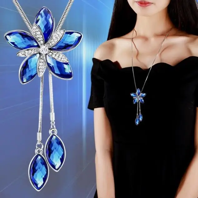 

High quality flower Rhinestones pendant necklace jewelry long chain necklaces FN015