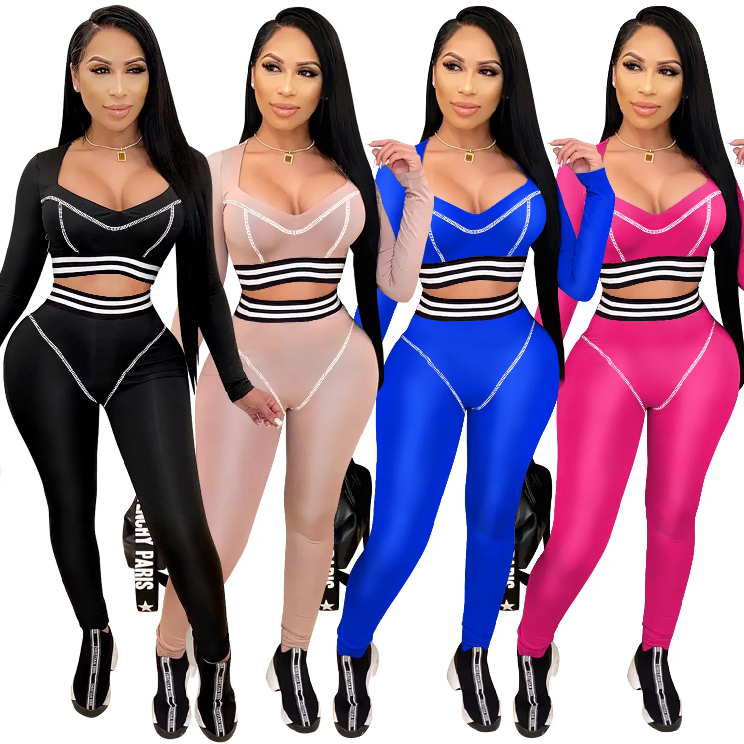 

new long sleeve tracksuit 2020 tight stripe women casual sport 2 piece set