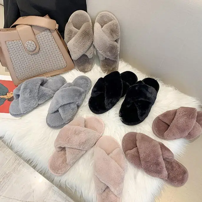 

Amazon AliExpress Hot Selling Indoor Women's Slippers Candy Color Rabbit Fur Flat Cross One Font Stylish Slippers For Women