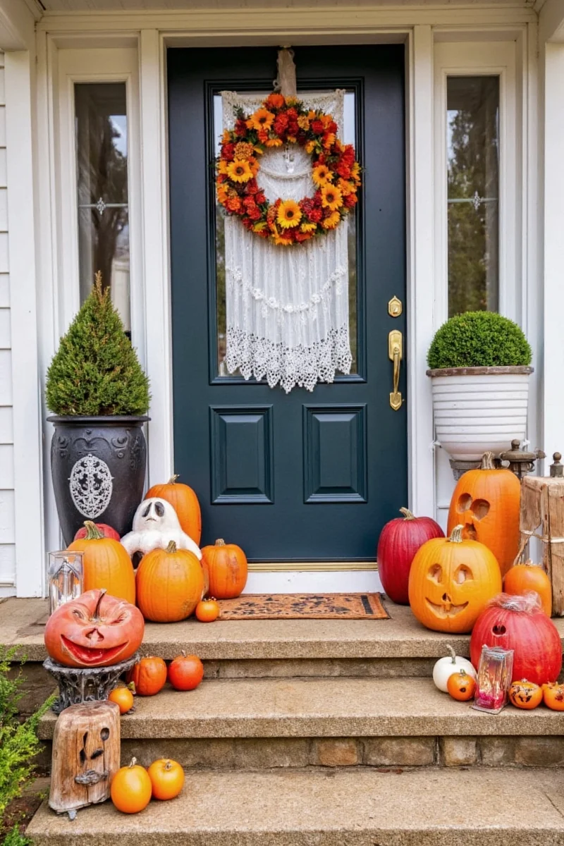 Autumn centerpiece with apples, gourds, and candles