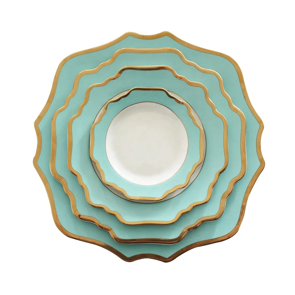 

Polygon Green White Ceramics Porcelain Plates Set Dinnerware Light Luxury Western Food Series Creative Hotel Tableware Dishes, As shown