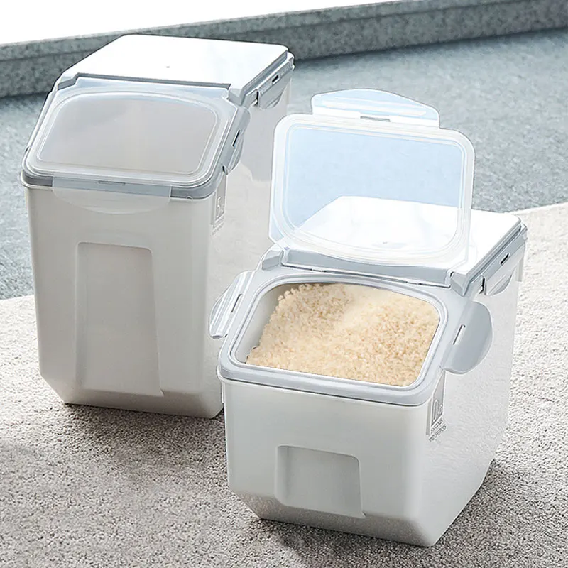 

Eco-friendly sealed plastic rice box airtight kitchen food organiser cereal storage containers, Blue, grey, transparent