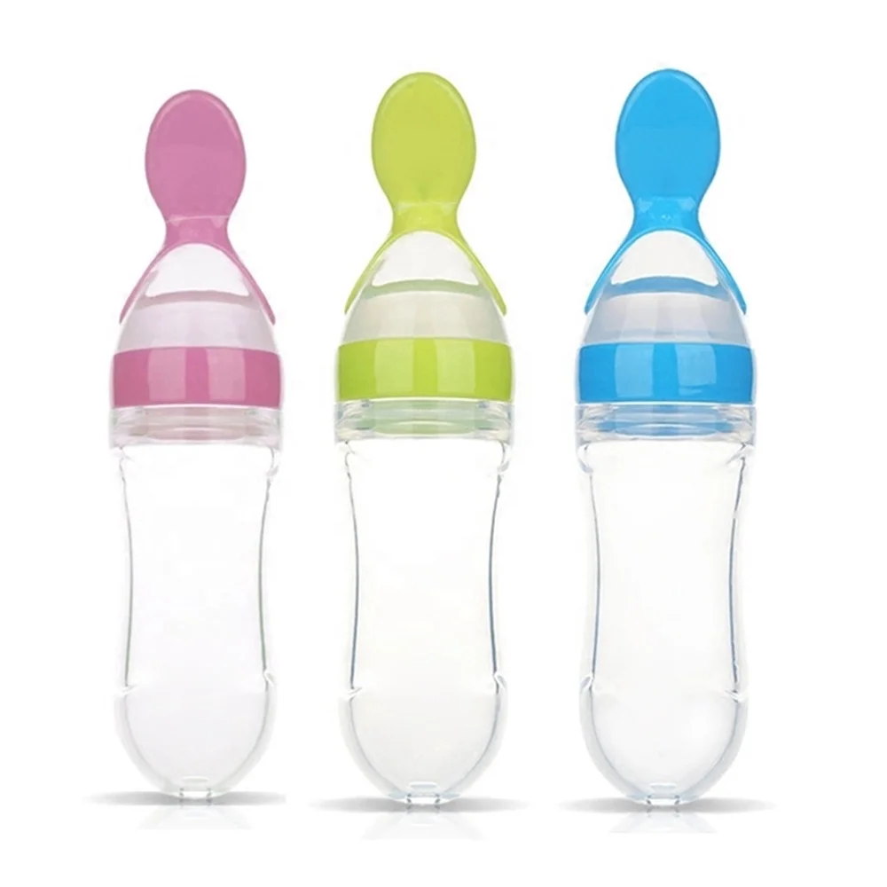 

Newborn Toddler Food Supplement Rice Cereal Bottles Infant Baby Milk Feeder Silicone Squeeze Feeding Bottle With Spoon
