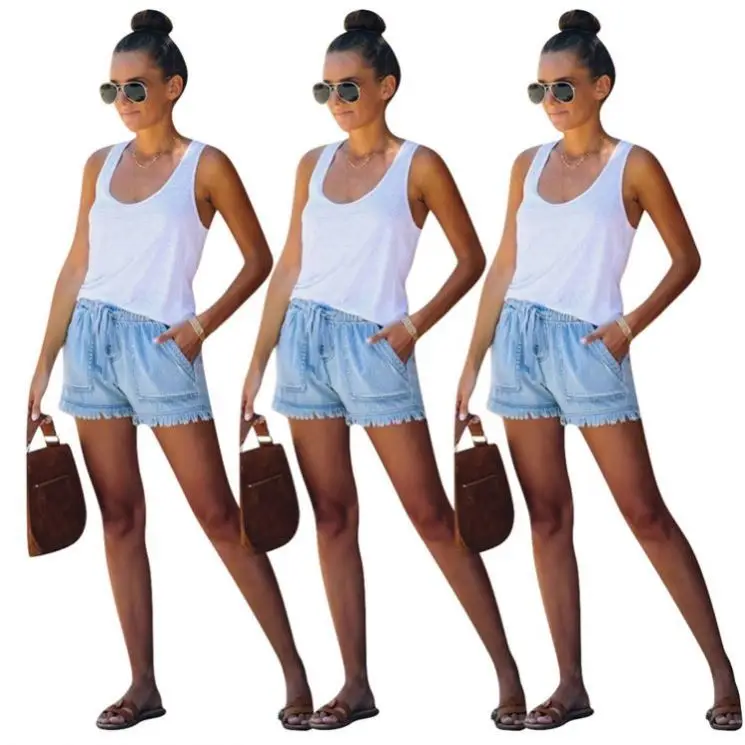 

MISSMOEN New Style Summer Casual Washed Light Blue Denim Pants Women Drawstring Pockets Tassel Edge Short Jeans