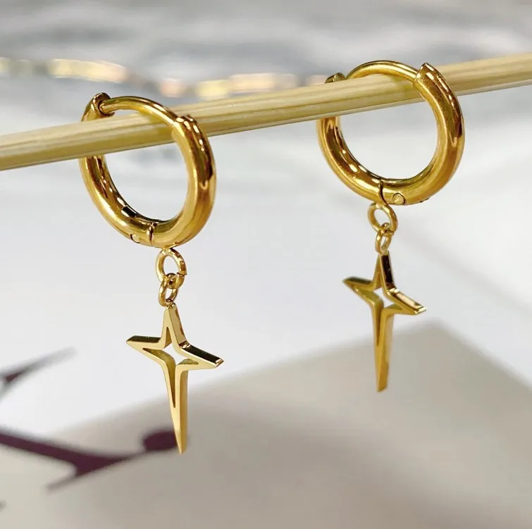 

Dangling Cross Shaped Charm Huggie Hoop Earrings Star Earrings Minimalist Cross Charm Pendant Jewelry Manufacturer, Gold color