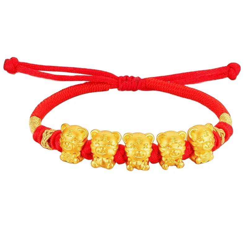 

Brass Gold-Plated Zodiac Tiger Transfer With Bead Bracelet New Year'S Gift Vietnam Sand Gold Five Blessing Tiger Red Rope