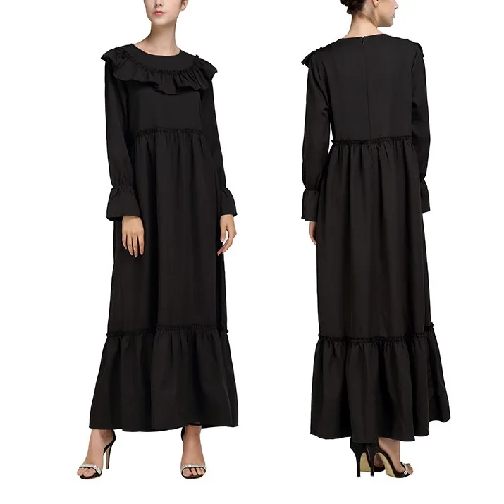 

summer casual Ruffles neck beach holiday plus size floor length Pleated muslim loose dress long frock maxi dresses, Black, dark blue
