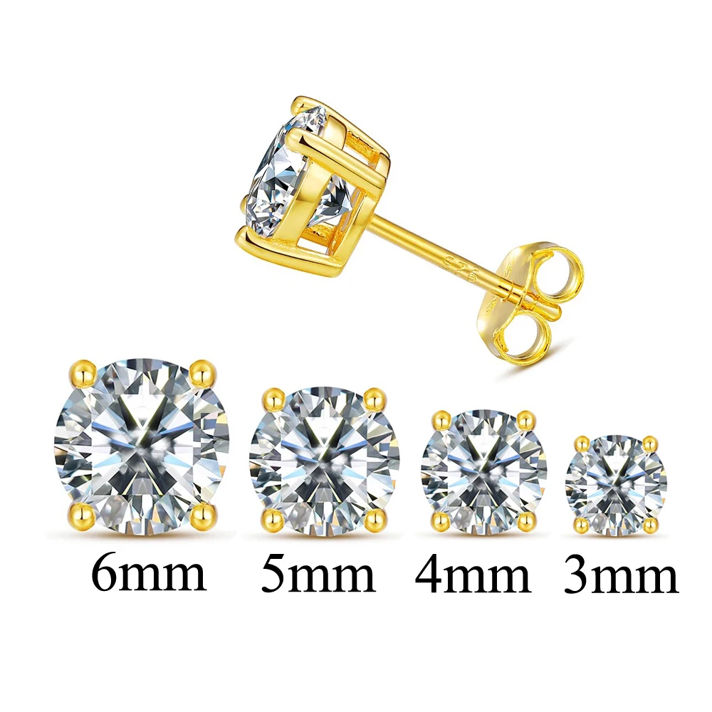 Classic Style Fine Jewelry 3mm 4mm 5mm 6mm Women Men Second Piercing 18k Gold Plated Single Stone Stud Earrings with Zircon