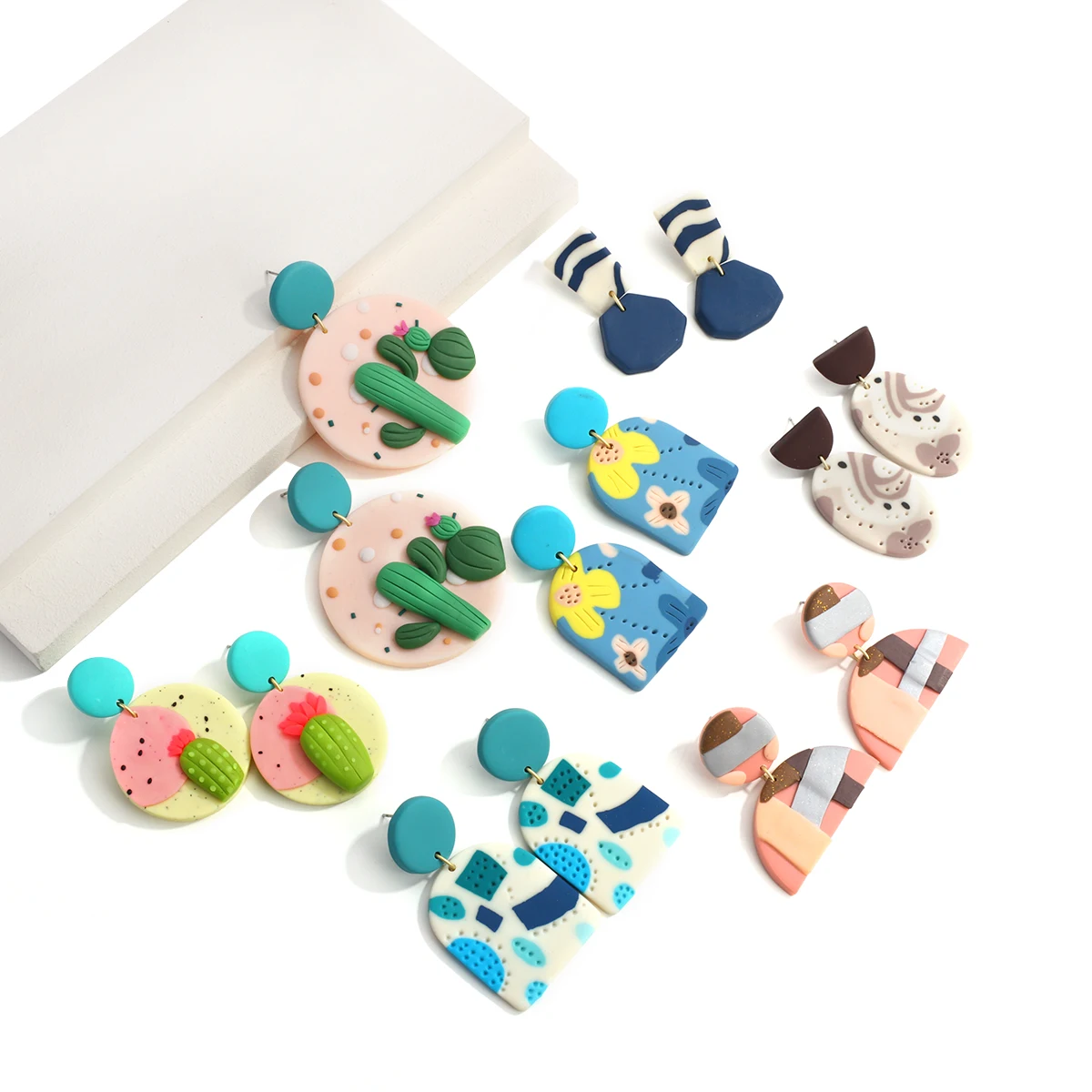 

Spring 2021 personalized soft clay earrings female cactus polymer clay earrings colorful geometric round earrings wholesale, As picture