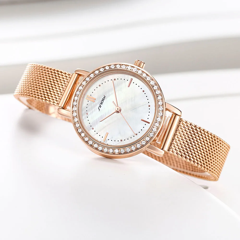 

SINOBI RTS High Quality Women Rose Gold Mesh Minimalist Quartz Watch Waterproof Ladies Wristwatch Dropshipping S9810L