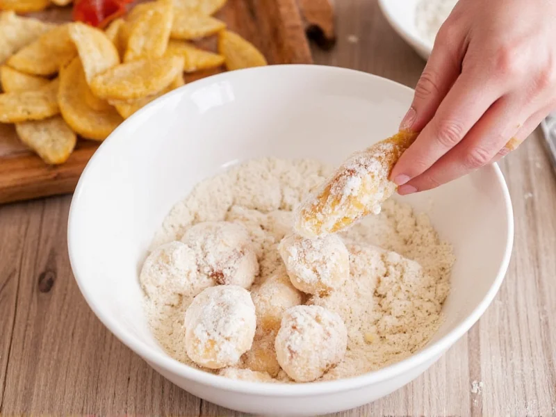 Hand breading chicken nuggets with flour mixture in bowl