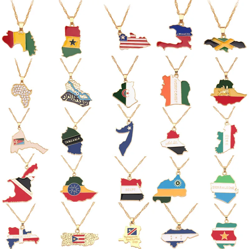 

Hot Sale Multiple Country Map Necklace National Flag Alloy Pendant Africa Map Necklaces, Picture shows