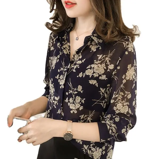 

2021 new fashion women's jacquard long sleeve chiffon shirt Women Blouse top