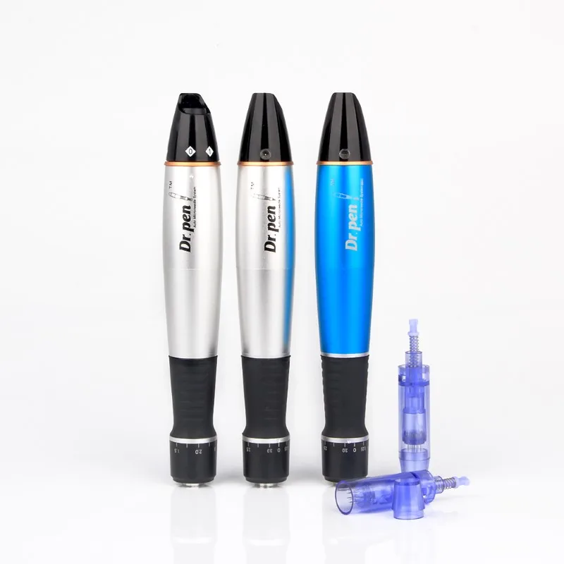 

A1-c Dr. Pen Derma Pen Auto Microneedle System Adjustable Needle Lengths Electric Dermapen Stamp Auto Micro Needle Pen, Silver and blue