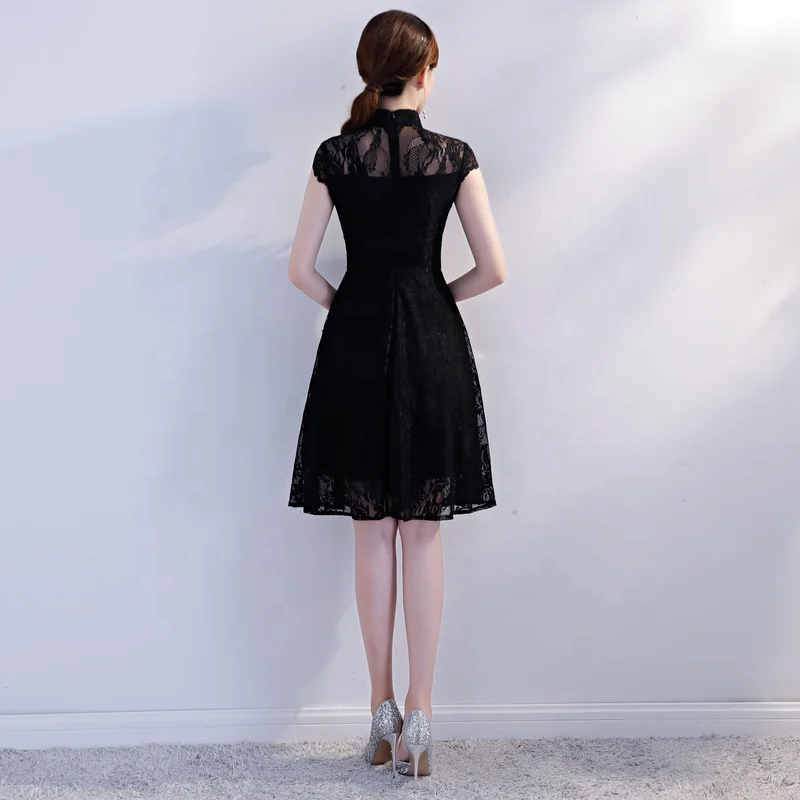 
2019 Latest Designs Chinese Morden fashion Cheongsam Elegant Black Qipao Short lace Dress For Women Party or othr Casual Wear 