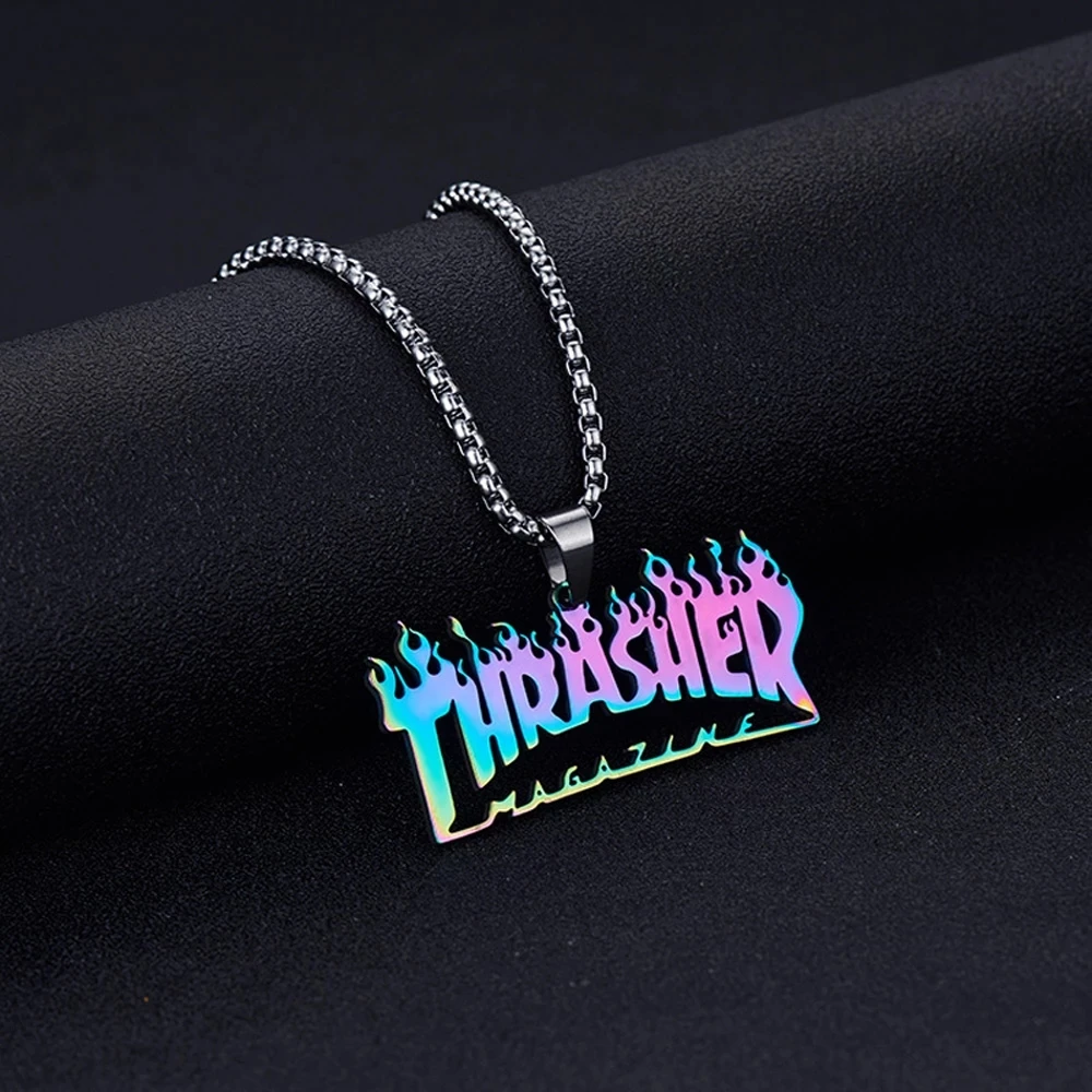 

2021 New Fashion Street Hip-Hop Rock Jewerly Men Women Stainless Steel Quenched Letter Magazine Flame Pendant Necklaces