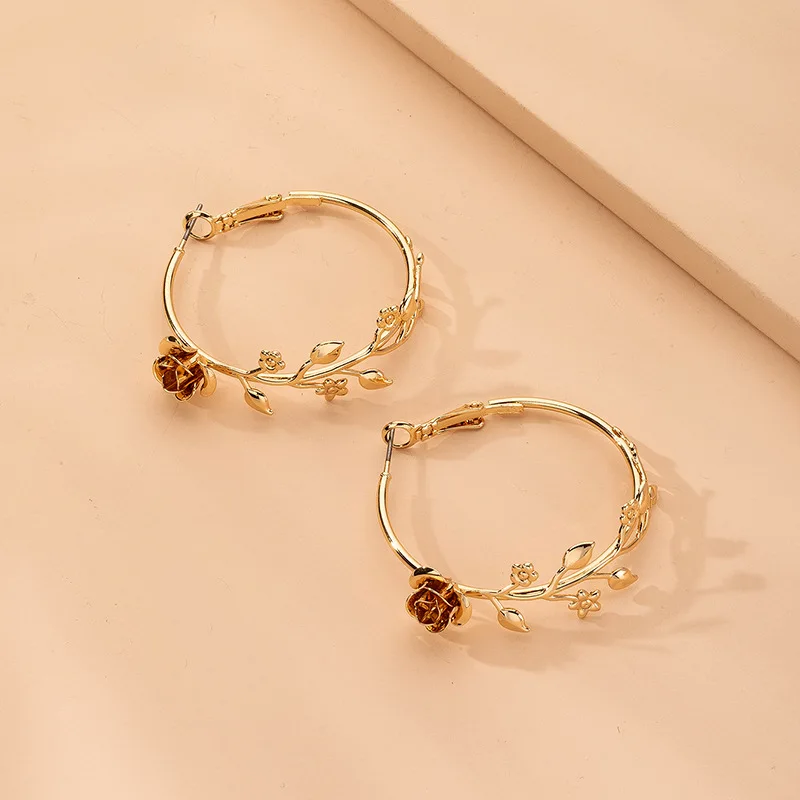 

2020 Fashion Gold Plated Rose Hoop Earrings Oil Drip Rose Flower Statement Earrings For Women, As pictue showed